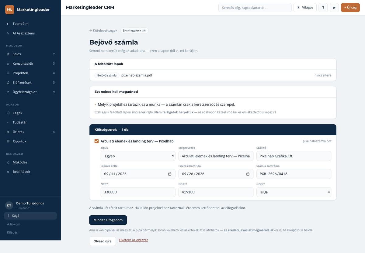 A CRM beolvasója egy bejövő számla adatait javasolja kitölteni