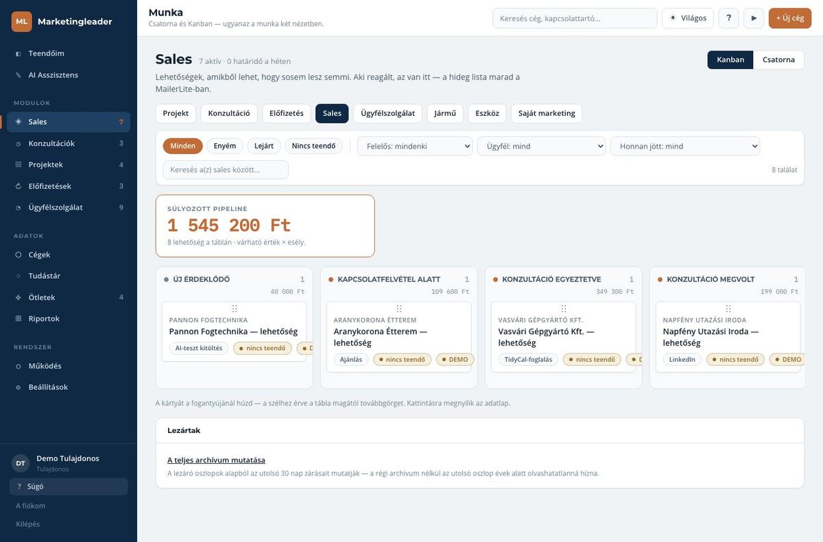 A Sales modul kanban nézete súlyozott pipeline-nal